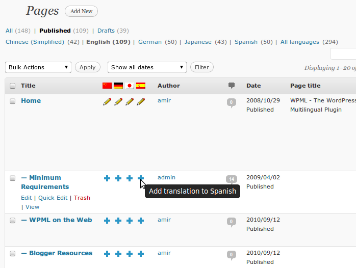 Depuis la liste des articles, on peut choisir la langue de traduction